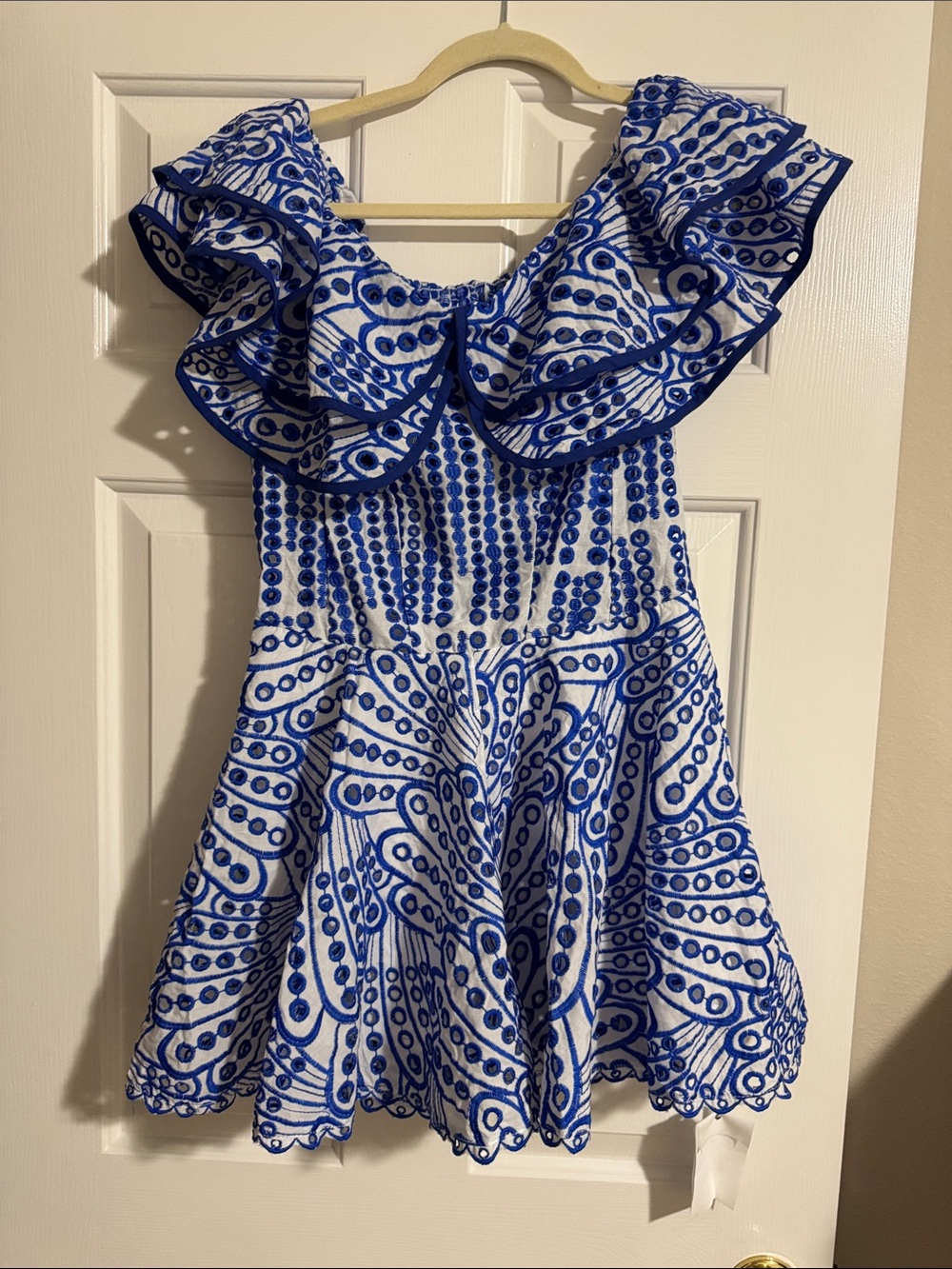 Blue & White Ruffle Neck Party Dress